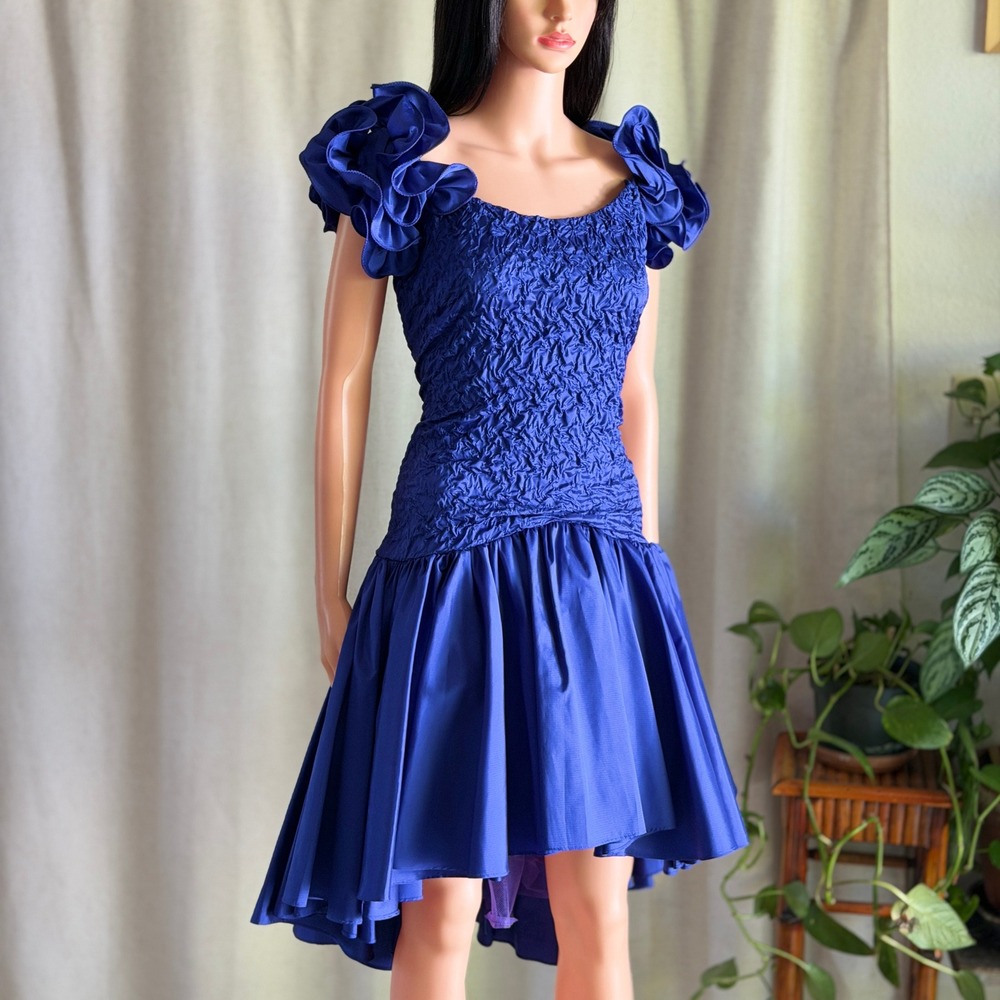 Vtg 80s 90s Royal Blue Purple Rosette High Low Prom Dress Crinkle Bodice 9/10